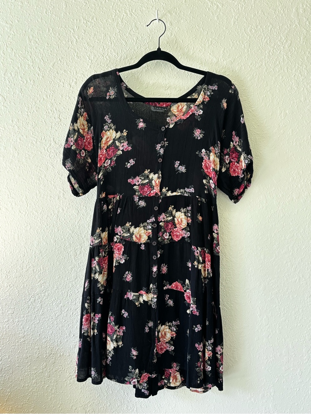 Starina Black Floral Button-Front Dress with Pink & Cream Blooms